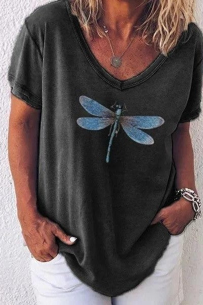 T-shirt femme col V – Coupe décontractée – Manches courtes – Motif libellule