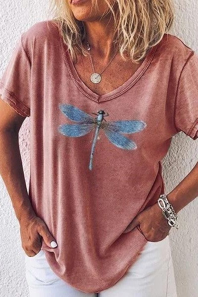 T-shirt femme col V – Coupe décontractée – Manches courtes – Motif libellule
