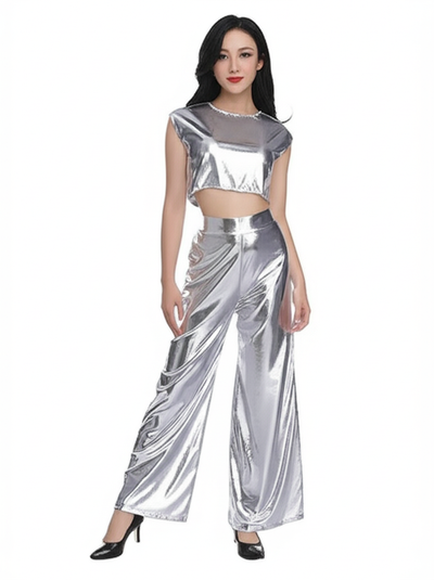 Ensemble haut court métallisé et pantalon large pour femme