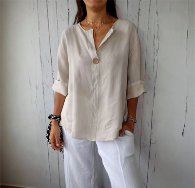 Morgane™ | Top confortable avec col en V, en coton et lin