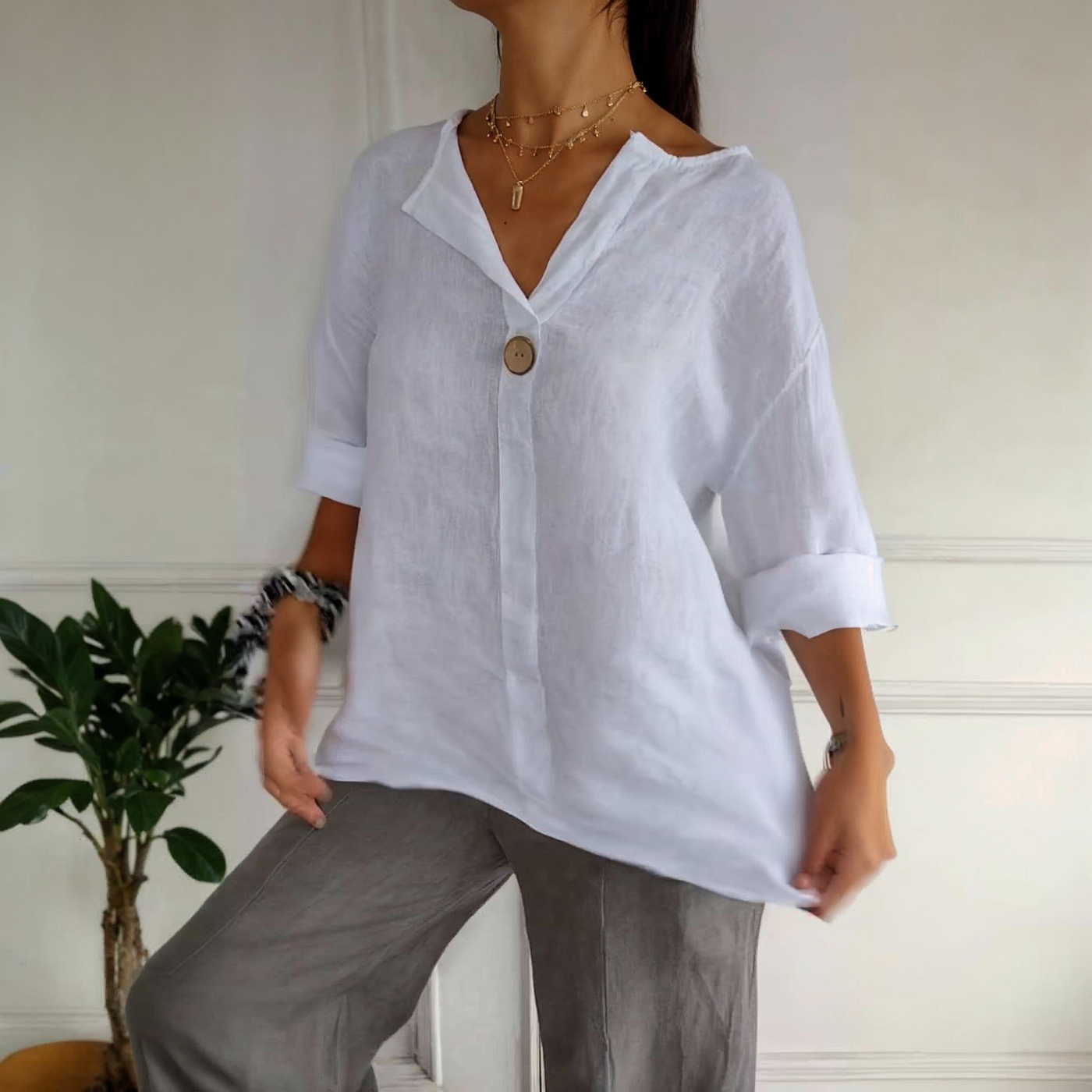 Morgane™ | Top confortable avec col en V, en coton et lin