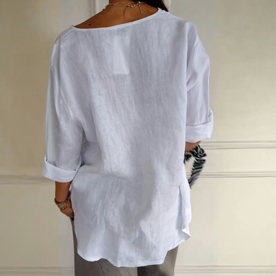 Morgane™ | Top confortable avec col en V, en coton et lin