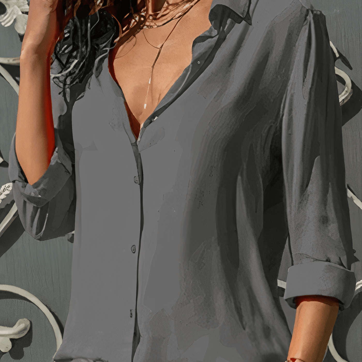 Blouse femme en tissu léger – Coupe décontractée – Manches 3/4 – Boutonnée chic