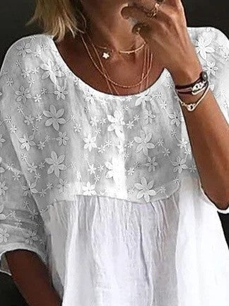 Chemise femme ample – Tissu respirant – Col rond – Broderie dentelle florale