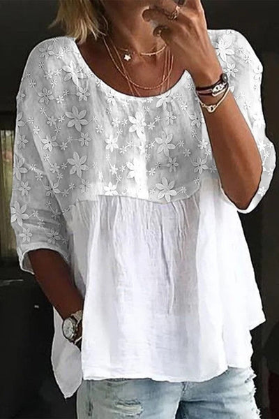 Chemise femme ample – Tissu respirant – Col rond – Broderie dentelle florale
