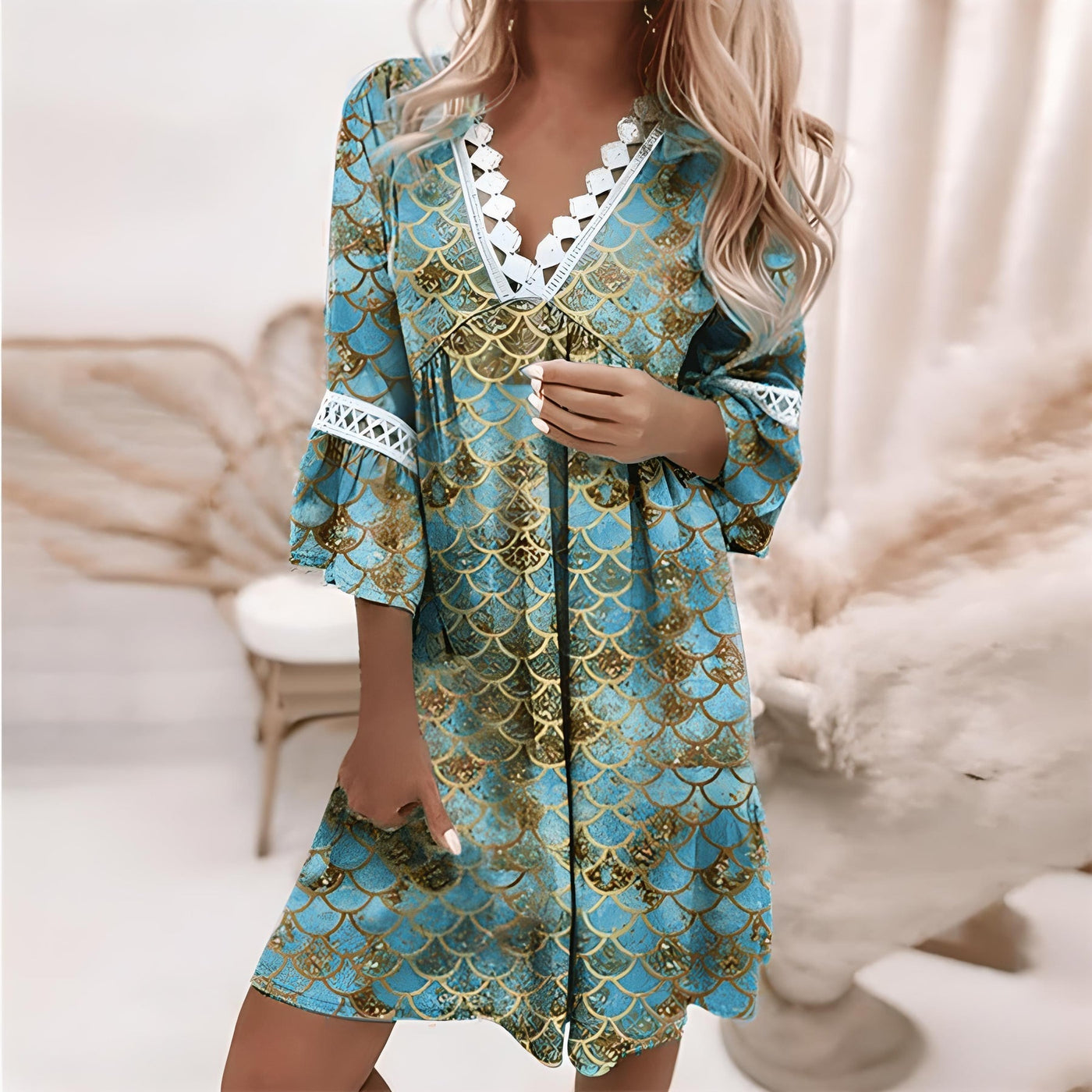 Robe femme – Coupe décontractée – Tissu respirant – Col V dentelle – Manches 3/4 évasées