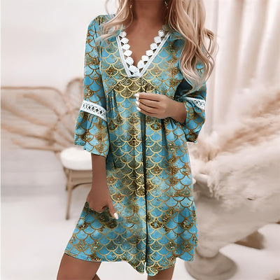 Robe femme – Coupe décontractée – Tissu respirant – Col V dentelle – Manches 3/4 évasées